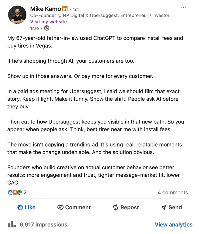 LinkedIn post by Mike Kamo generated with Authority AI - Post 3